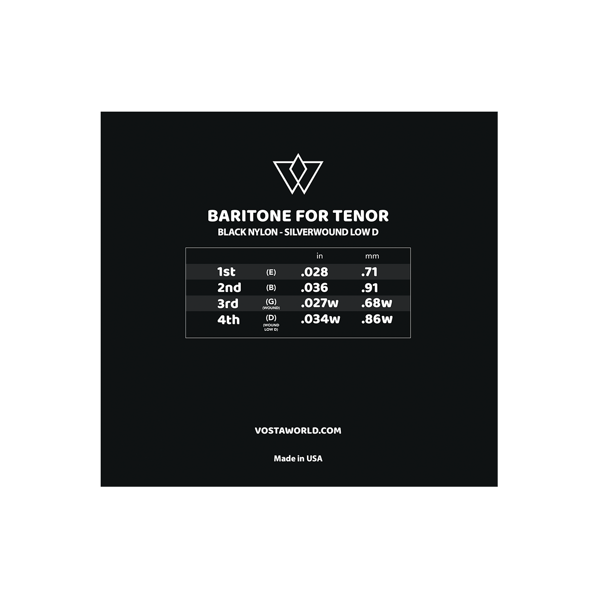 Vosta Black Nylon Baritone For Tenor Ukulele Strings (D-G-B-E Tuning) - WOUND LOW D