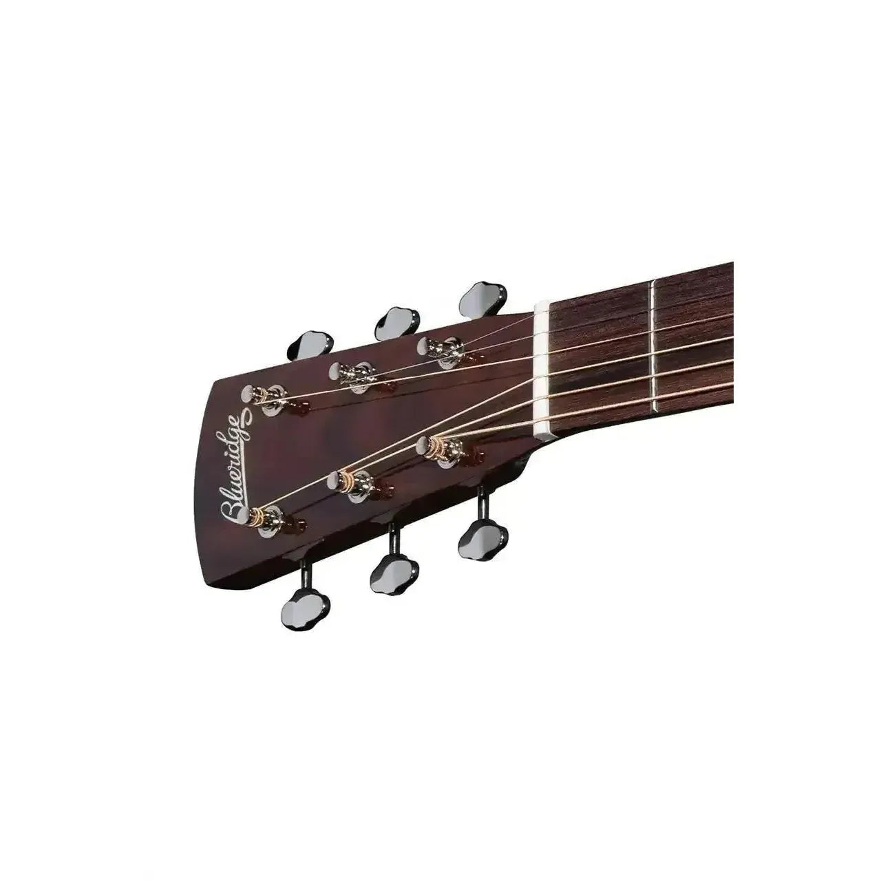 Blueridge BR-140AE dreadnought acoustic-electric guitar headstock with chrome tuners and logo.