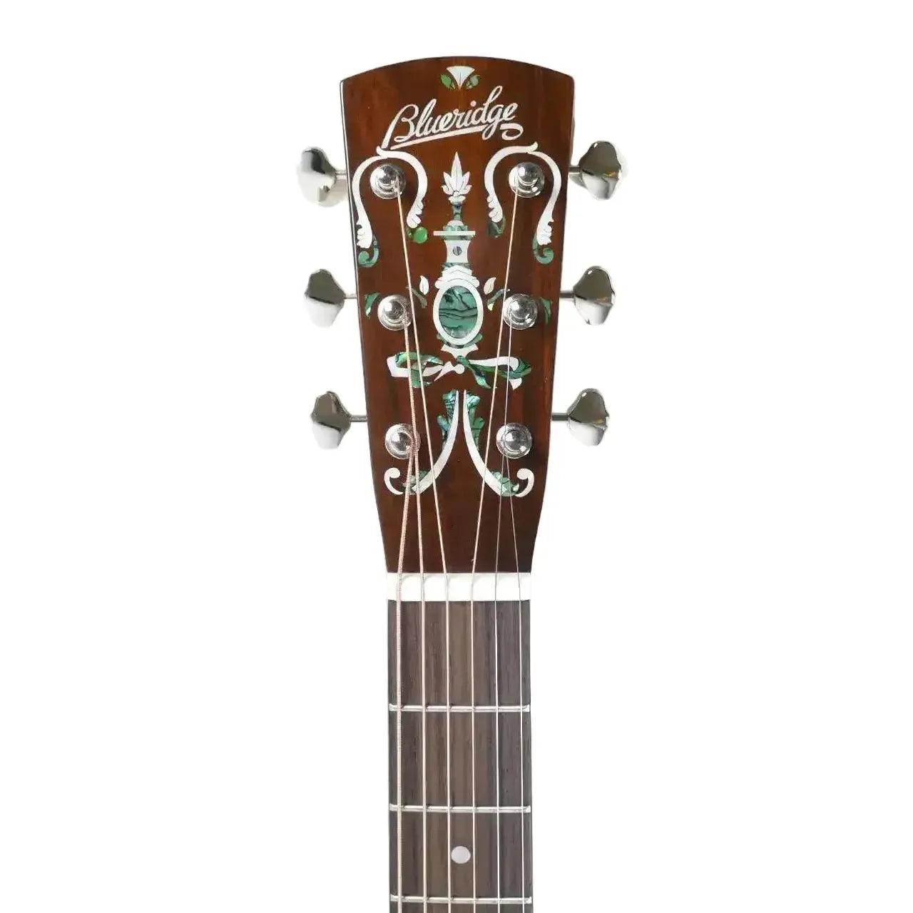 Blueridge BR-140E acoustic-electric guitar headstock with ornate mother-of-pearl inlay and chrome tuners.