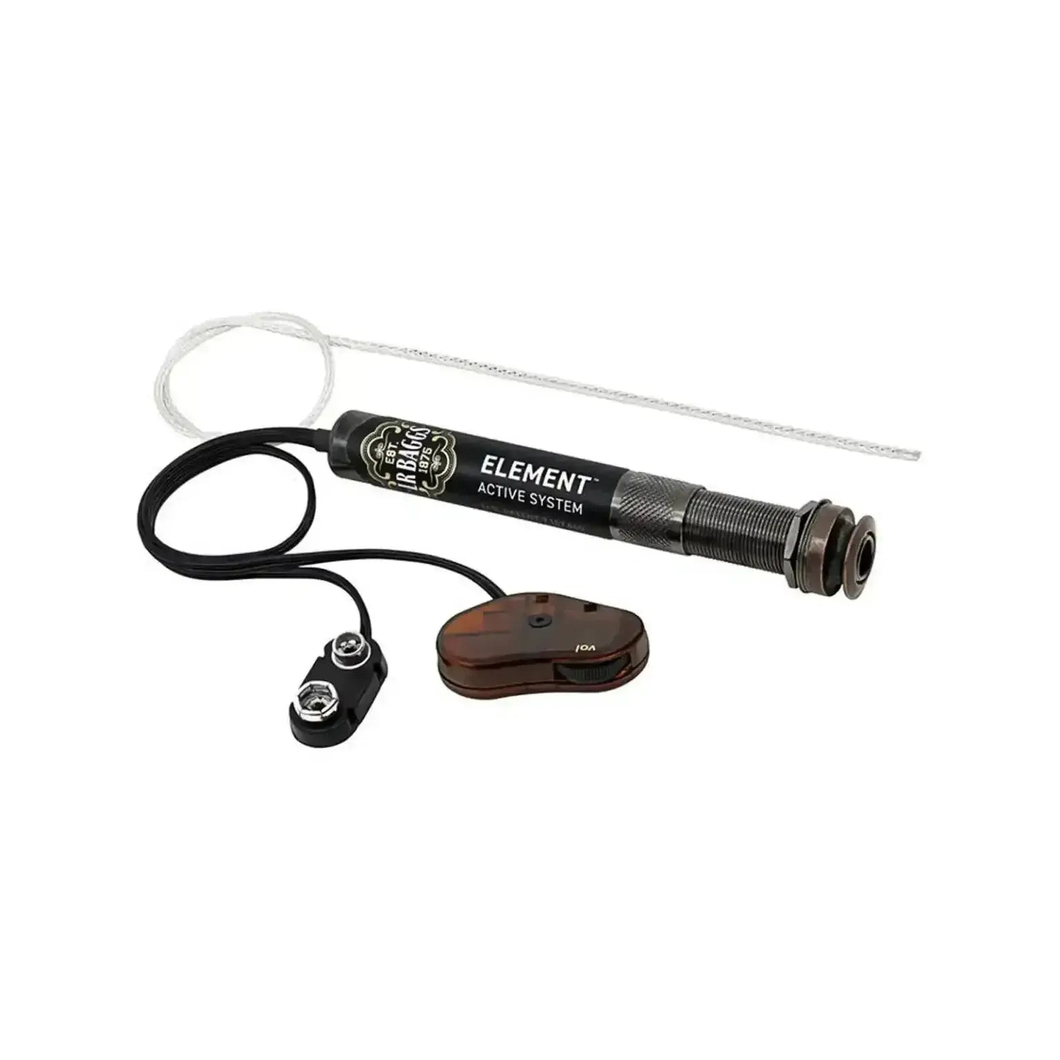 L.R. Baggs Element Active System acoustic guitar pickup with black preamp, battery clip, and volume control.