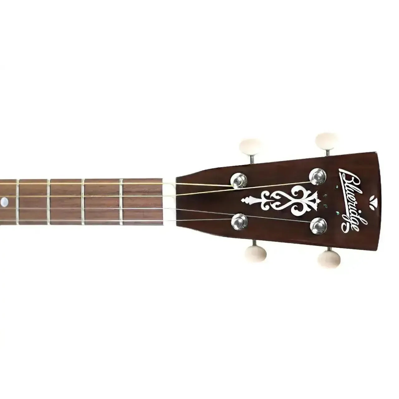 Blueridge BR-140T Tenor Acoustic Guitar headstock with white logo, ornate inlay, and nickel tuners.