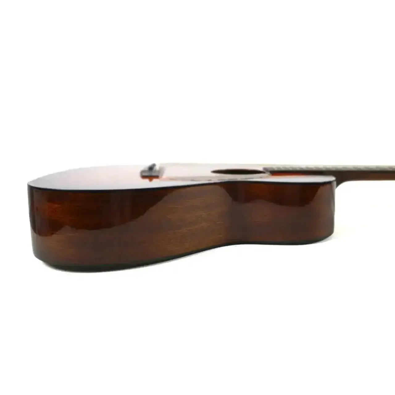 Blueridge BR-143AS 000 acoustic guitar, vintage sunburst finish, showing the body's side profile.