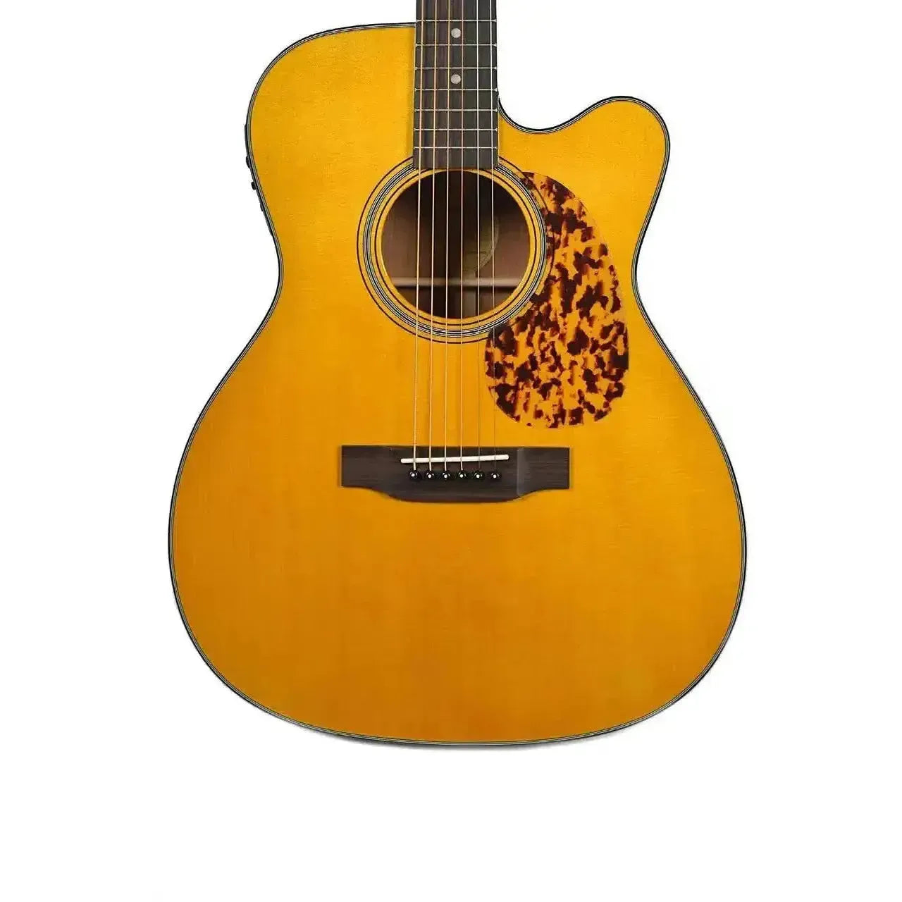 Blueridge BR-143CE 000 acoustic-electric guitar with a vintage yellow finish, tortoise pickguard, and Venetian cutaway.