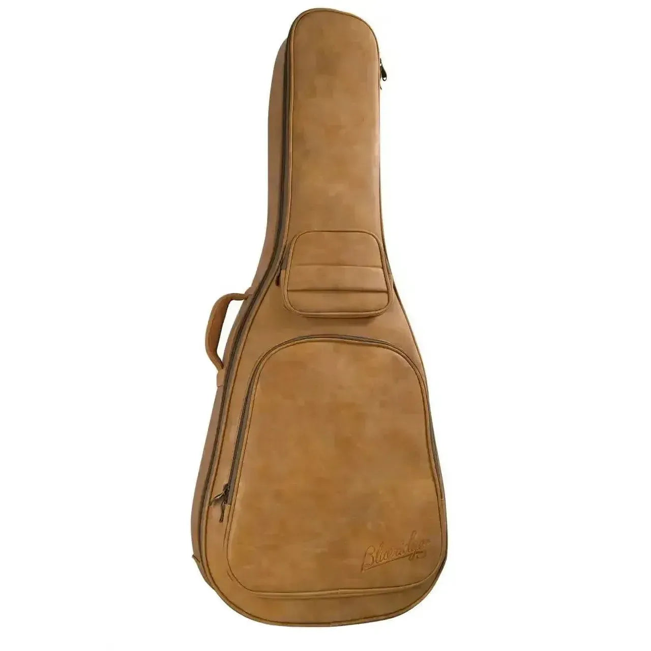 Blueridge BR-163 000 acoustic guitar gig bag in light brown with front pockets and handle.