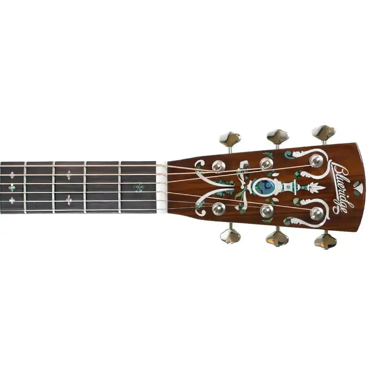 Blueridge BR-163CE acoustic-electric guitar headstock with ornate mother-of-pearl inlay and tuning pegs.