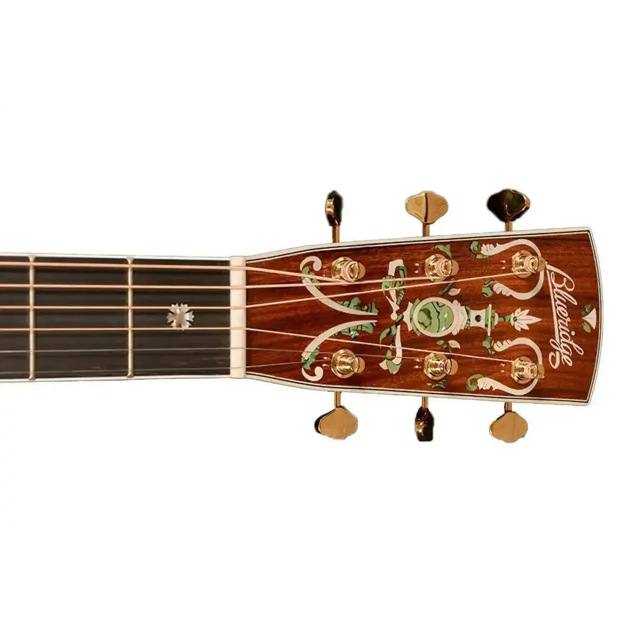 Blueridge BR-183CE acoustic guitar headstock with ornate abalone and mother-of-pearl inlay, gold tuners.