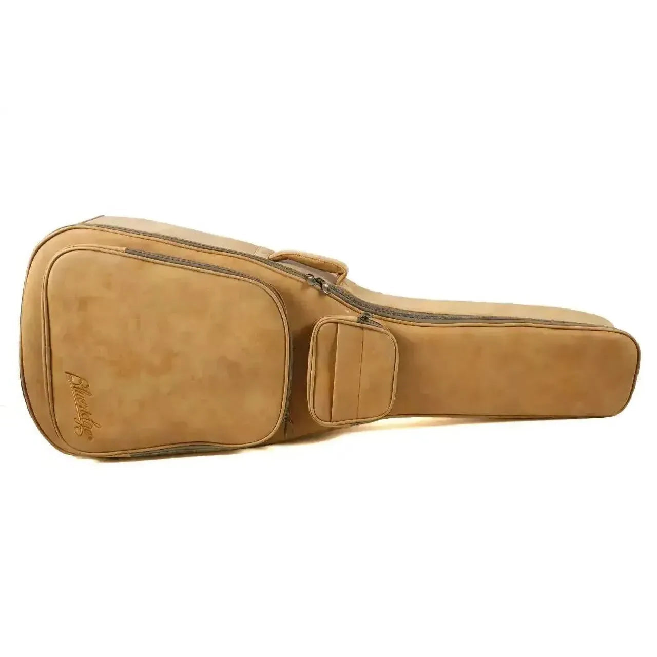 Blueridge BR-183JM 000 acoustic guitar gig bag in tan with two zippered pockets.