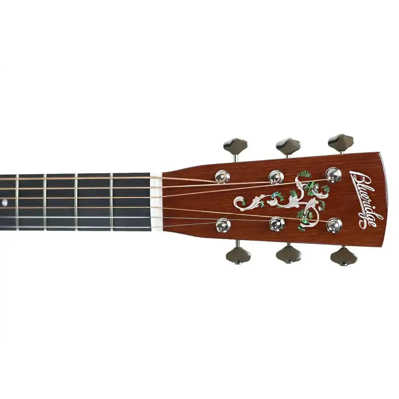 Blueridge BR-240 LTD dreadnought guitar headstock with sunburst finish and ornate inlay.