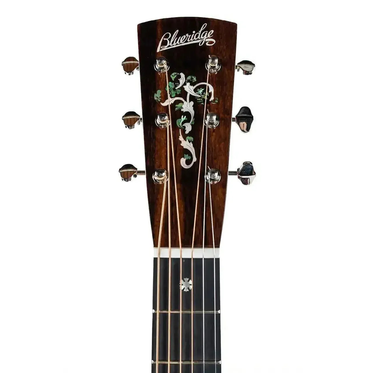 Blueridge BR-260 acoustic guitar headstock with dark wood, abalone, and mother-of-pearl inlays.