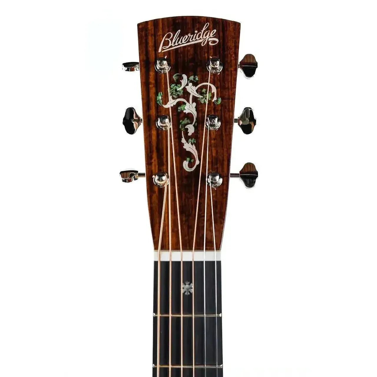 Blueridge BR-263 acoustic guitar headstock with "Blueridge" logo, intricate abalone and mother-of-pearl inlay.