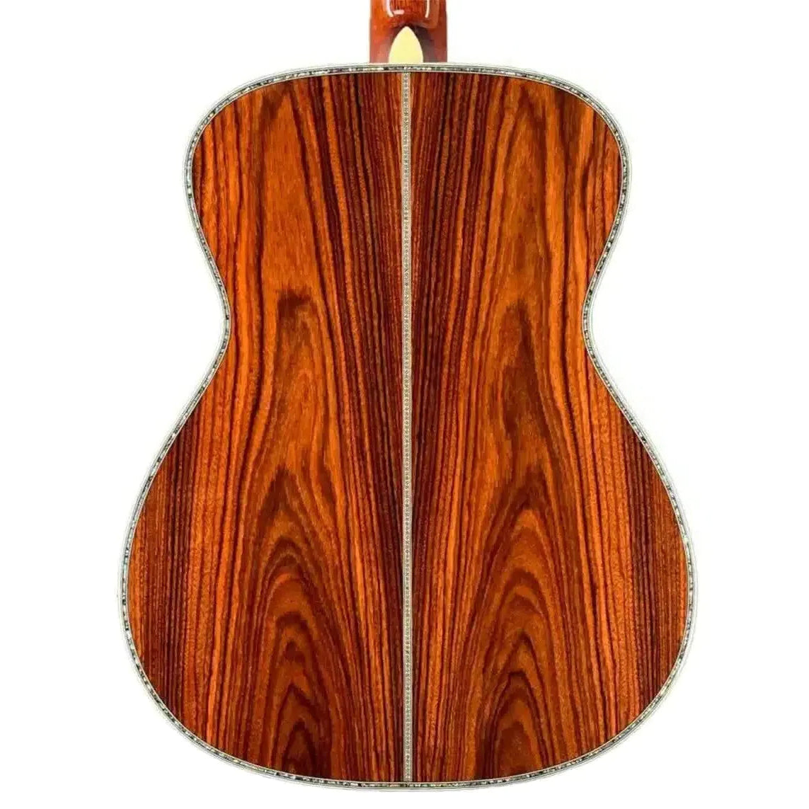 Blueridge BR-283 Acoustic 000 guitar back, showing rich Santos rosewood grain and abalone purfling.