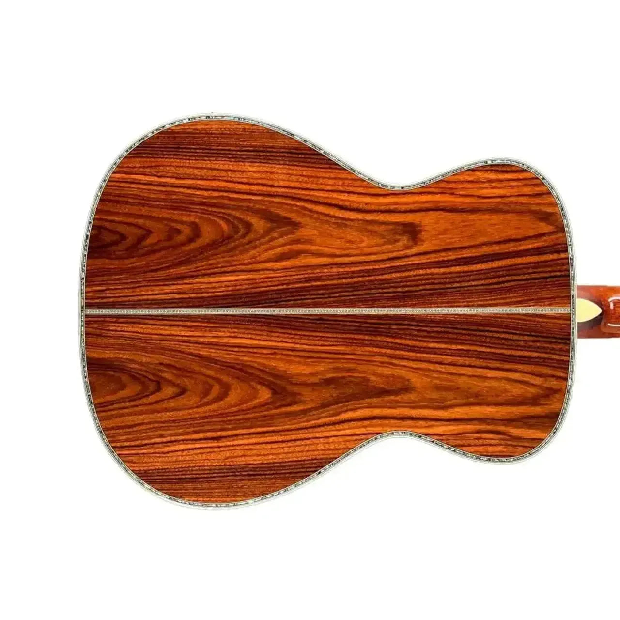 Blueridge BR-283 Acoustic 000 guitar back, showing rich Santos rosewood grain and abalone purfling.