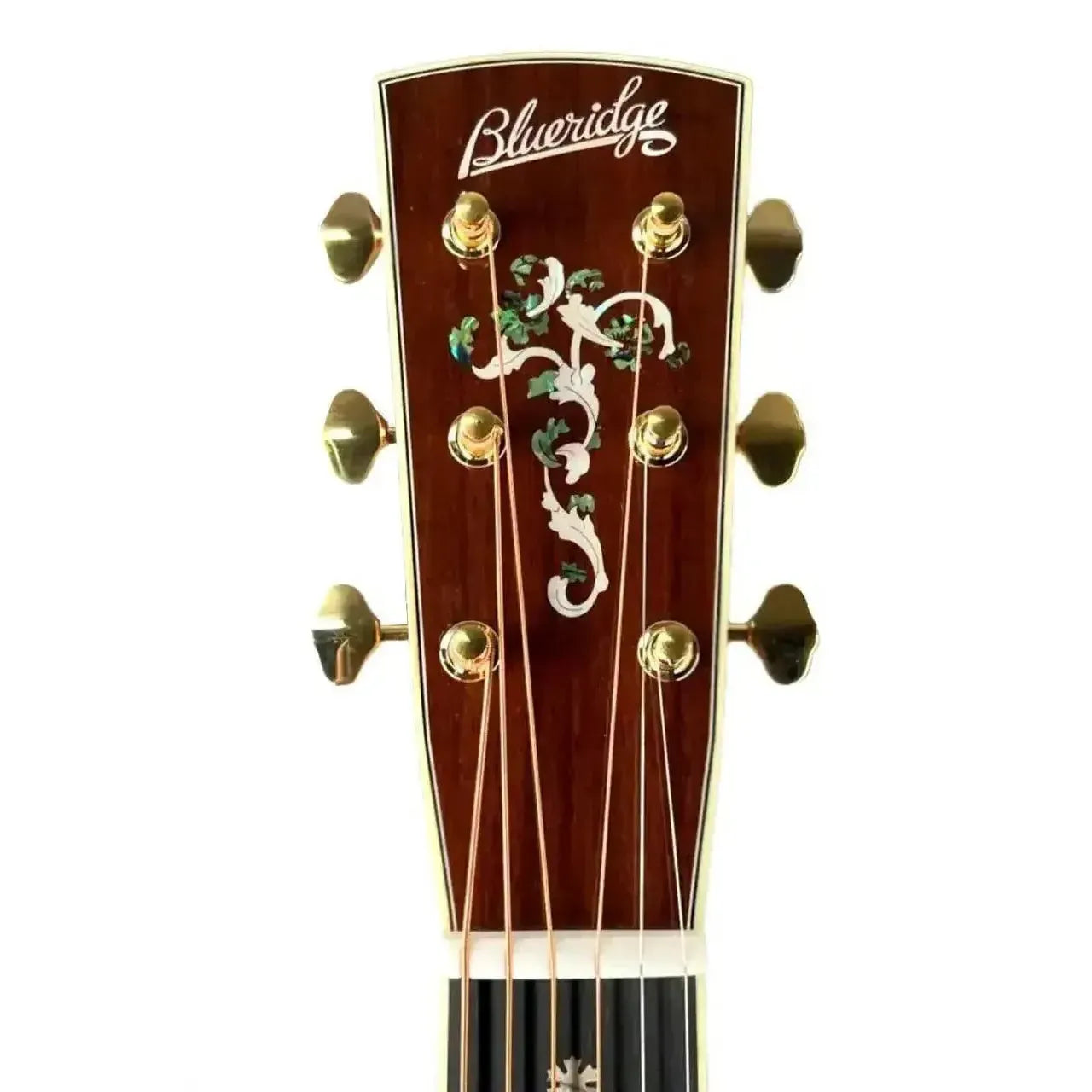 Blueridge BR-283 acoustic guitar headstock with gold tuners and intricate abalone inlay.