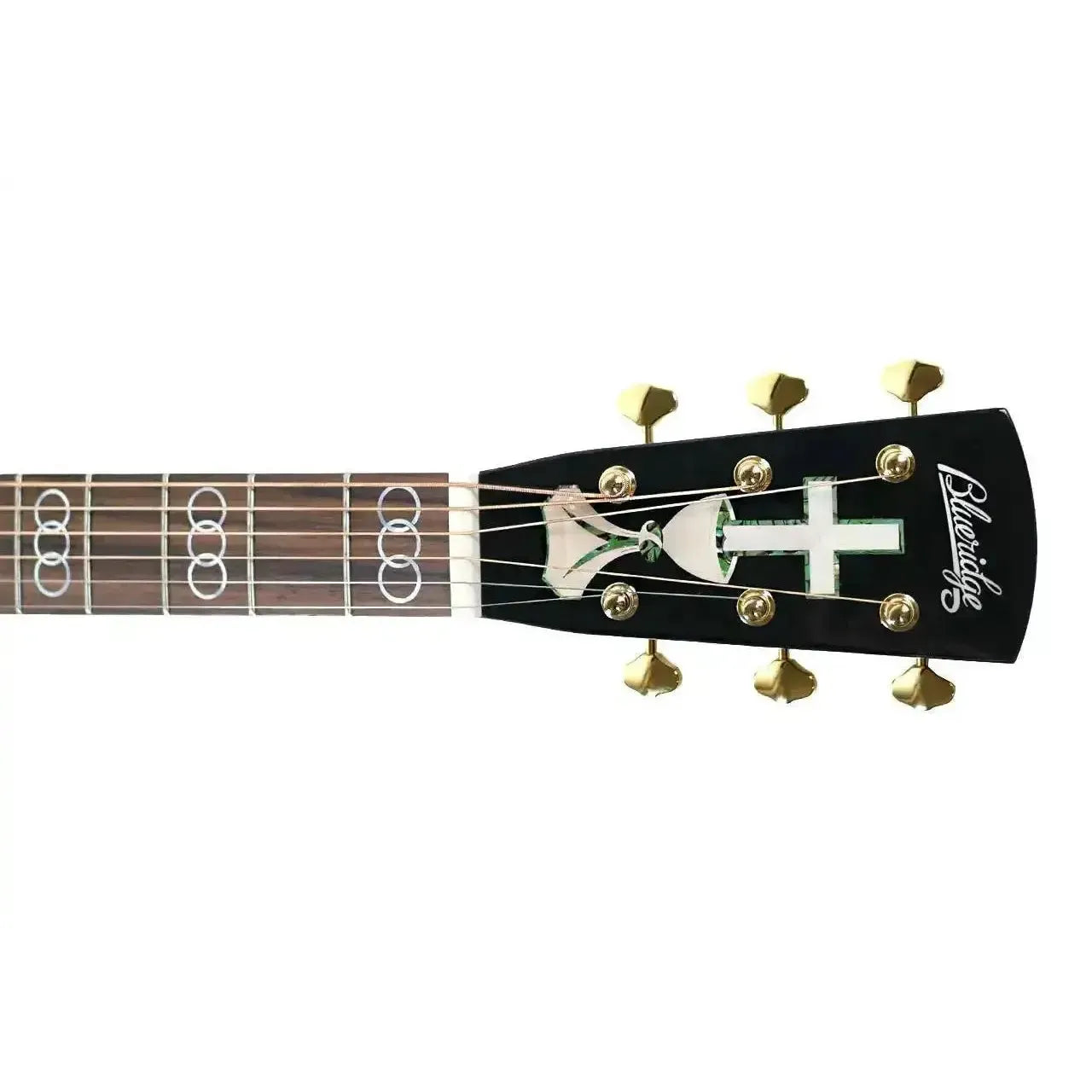 Blueridge BR-343E acoustic-electric guitar headstock with gold tuners and worship-themed inlay.