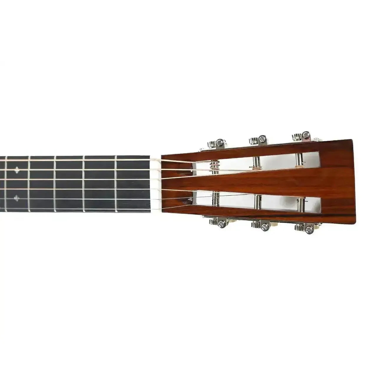 Blueridge BR-361 Acoustic Parlor Guitar headstock with dark wood, chrome tuners, and ebony fretboard.
