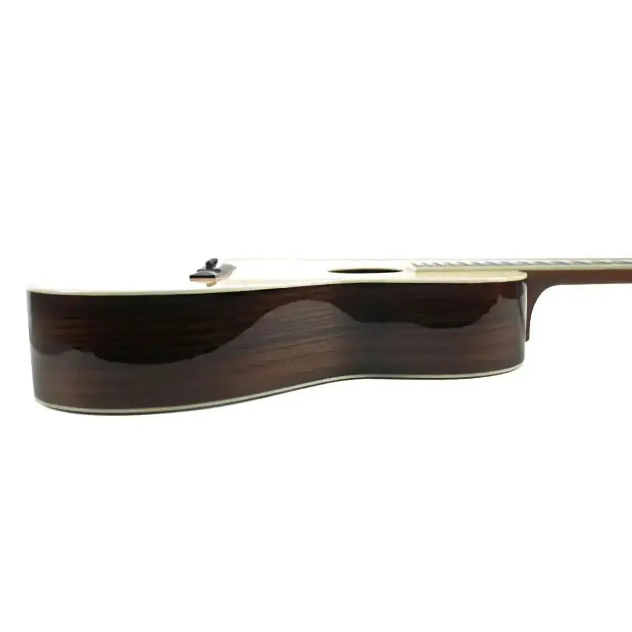 Blueridge BR-371 Parlor Acoustic Guitar, side view, showing dark rosewood back and sides with ivoroid binding.