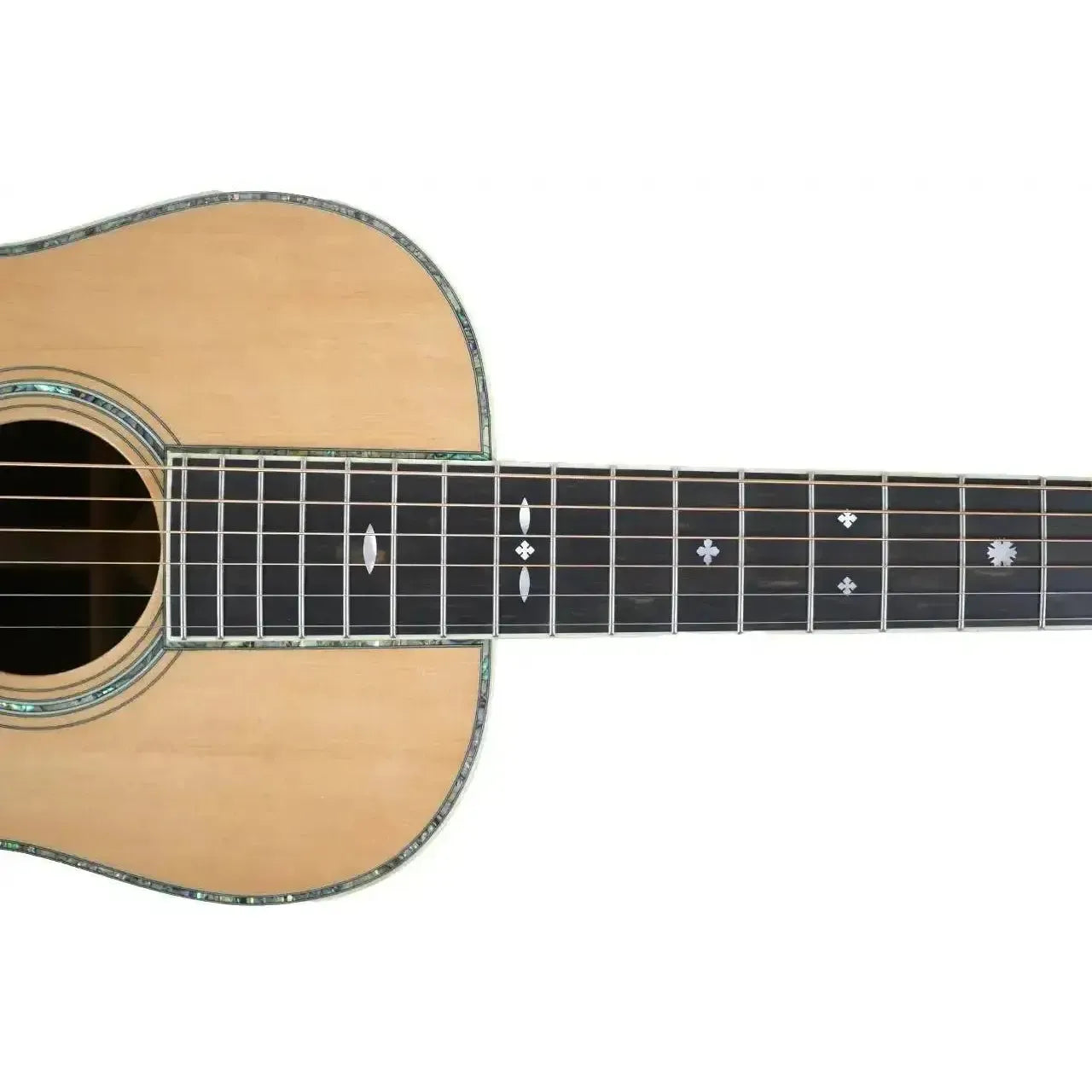 Blueridge BR-371E parlor acoustic-electric guitar body and ebony fretboard with abalone inlay.