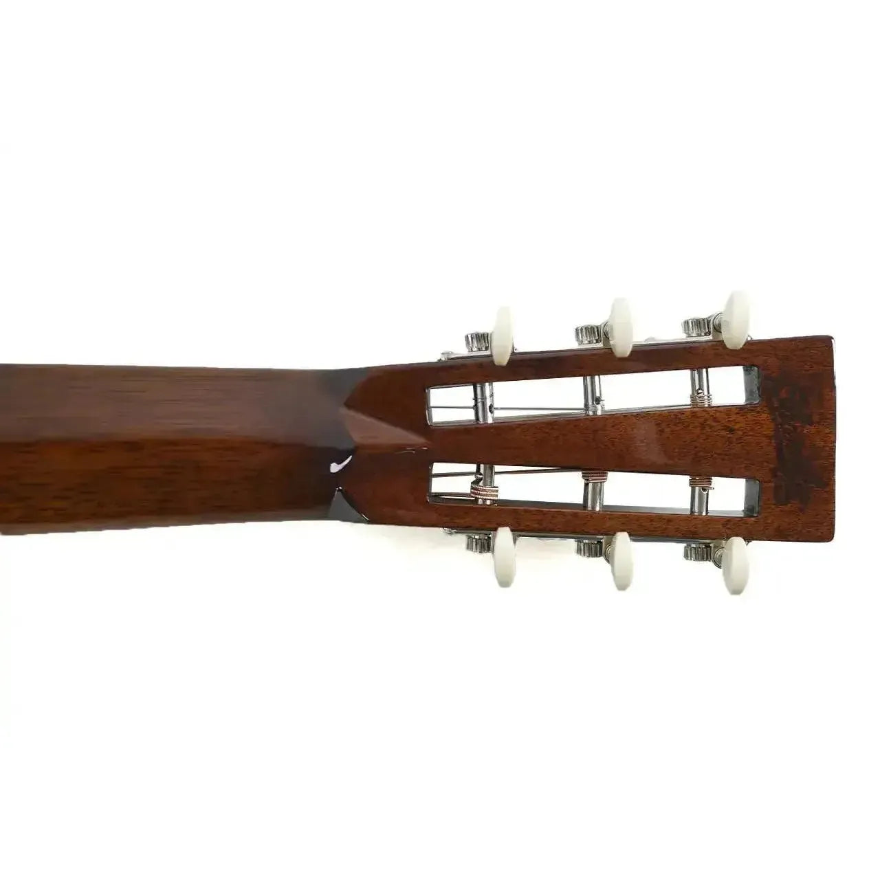 Blueridge BR-371E parlor guitar headstock with open-gear tuners and white buttons.
