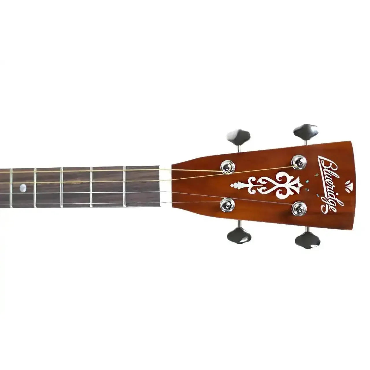 Blueridge BR-40T acoustic tenor guitar headstock with ornate white inlay, tuning pegs, and rosewood fretboard.