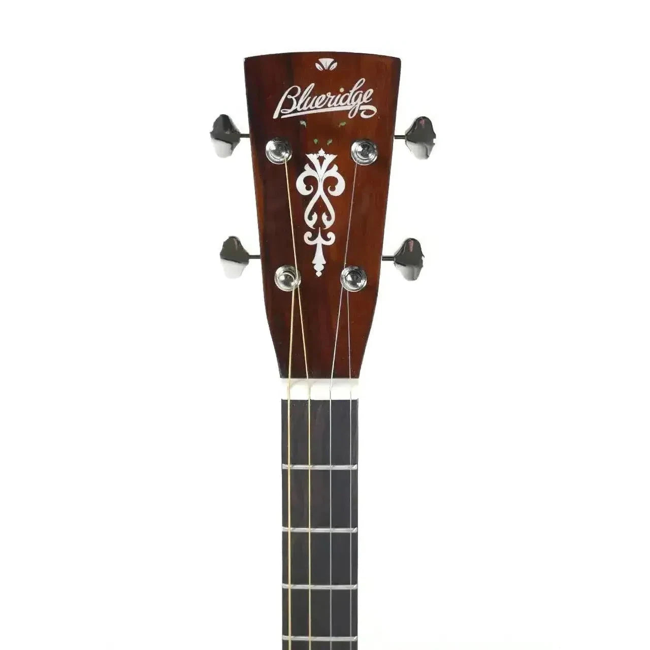Blueridge BR-40TCE Tenor Guitar headstock with mahogany finish, white logo, and tuning pegs.
