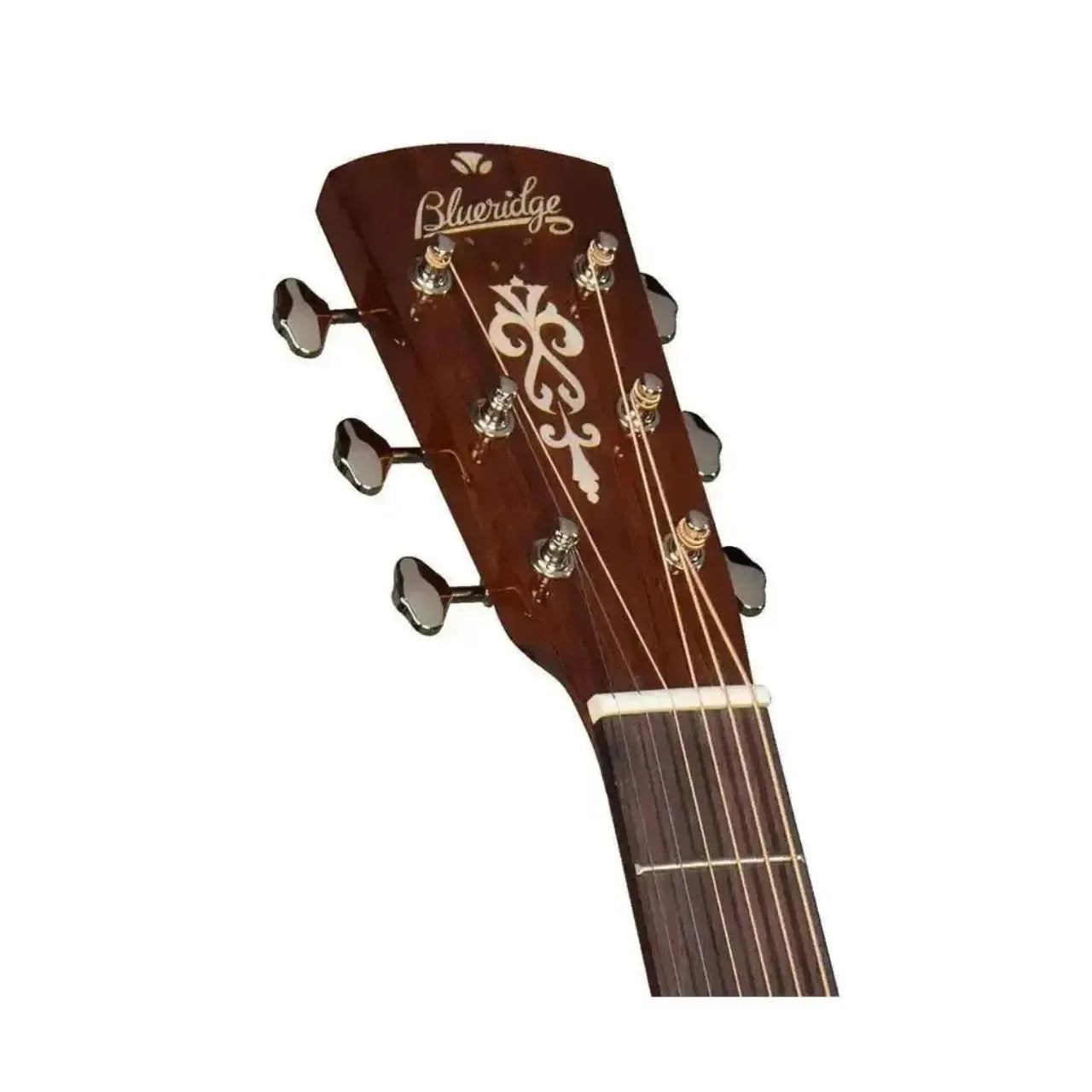 Blueridge BR-43LH left-handed 000 acoustic guitar headstock with mother-of-pearl inlay and nickel tuners.