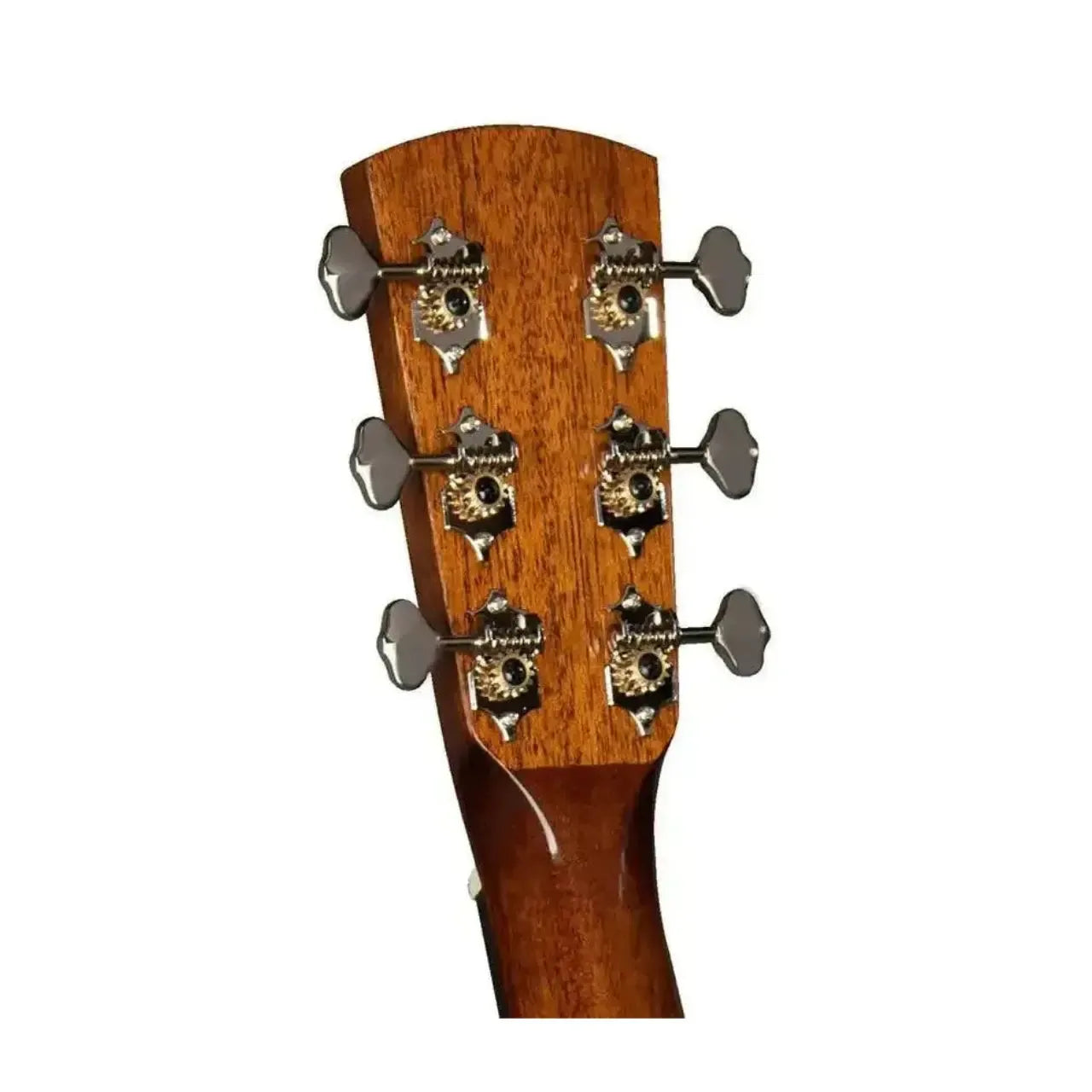 Blueridge BR-43LH left-handed acoustic guitar headstock with mahogany finish and nickel-plated tuners.