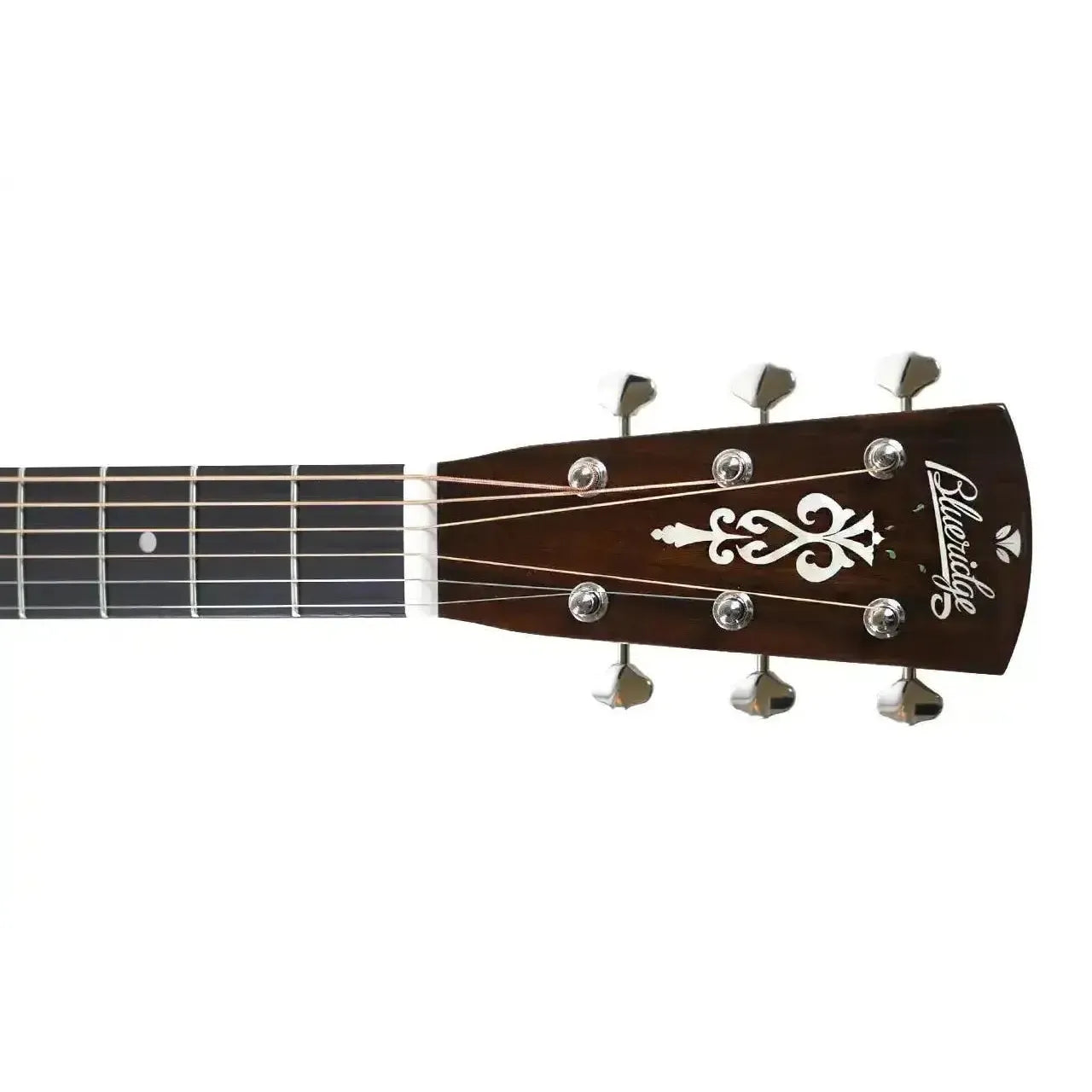 Blueridge BR-60 Dreadnought acoustic guitar headstock with dark wood, mother-of-pearl inlay, and nickel tuners.
