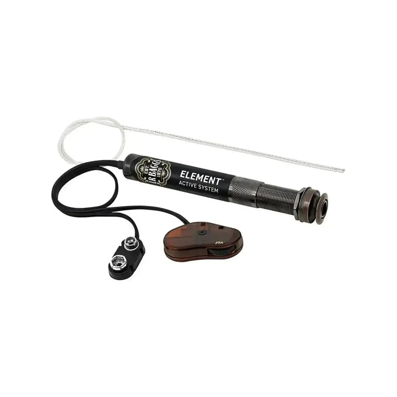 LR Baggs Element Active System acoustic guitar pickup with black preamp, battery clip, and controls.