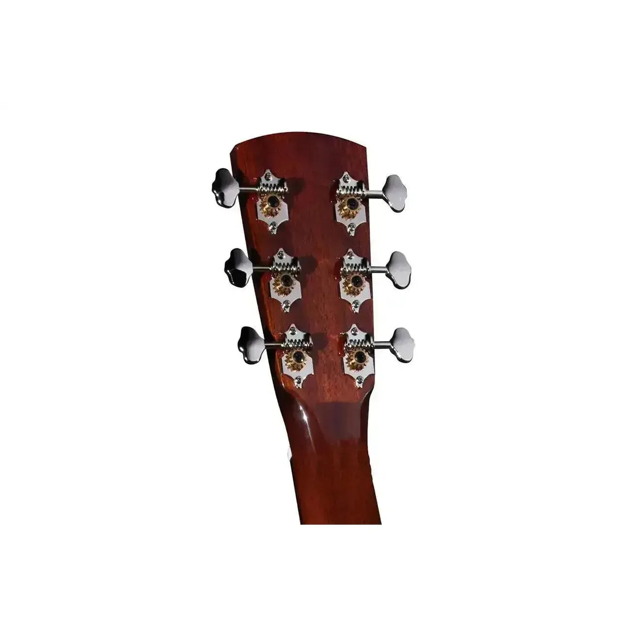 Blueridge BR-63CE acoustic electric guitar headstock with six chrome tuning machines and mother-of-pearl inlays.