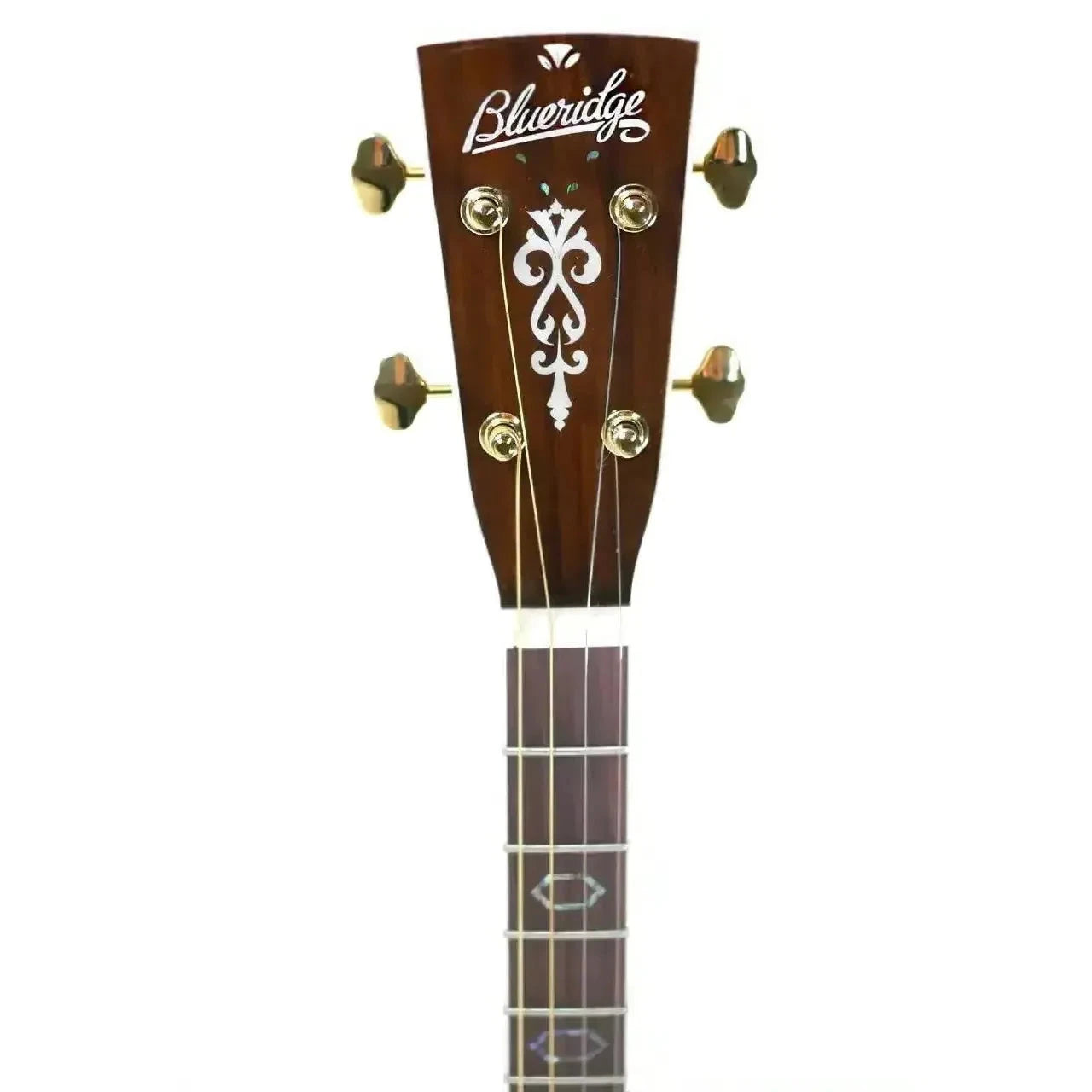 Blueridge BR-70TE tenor guitar headstock with gold tuners, white logo, and ornate inlay on dark wood.