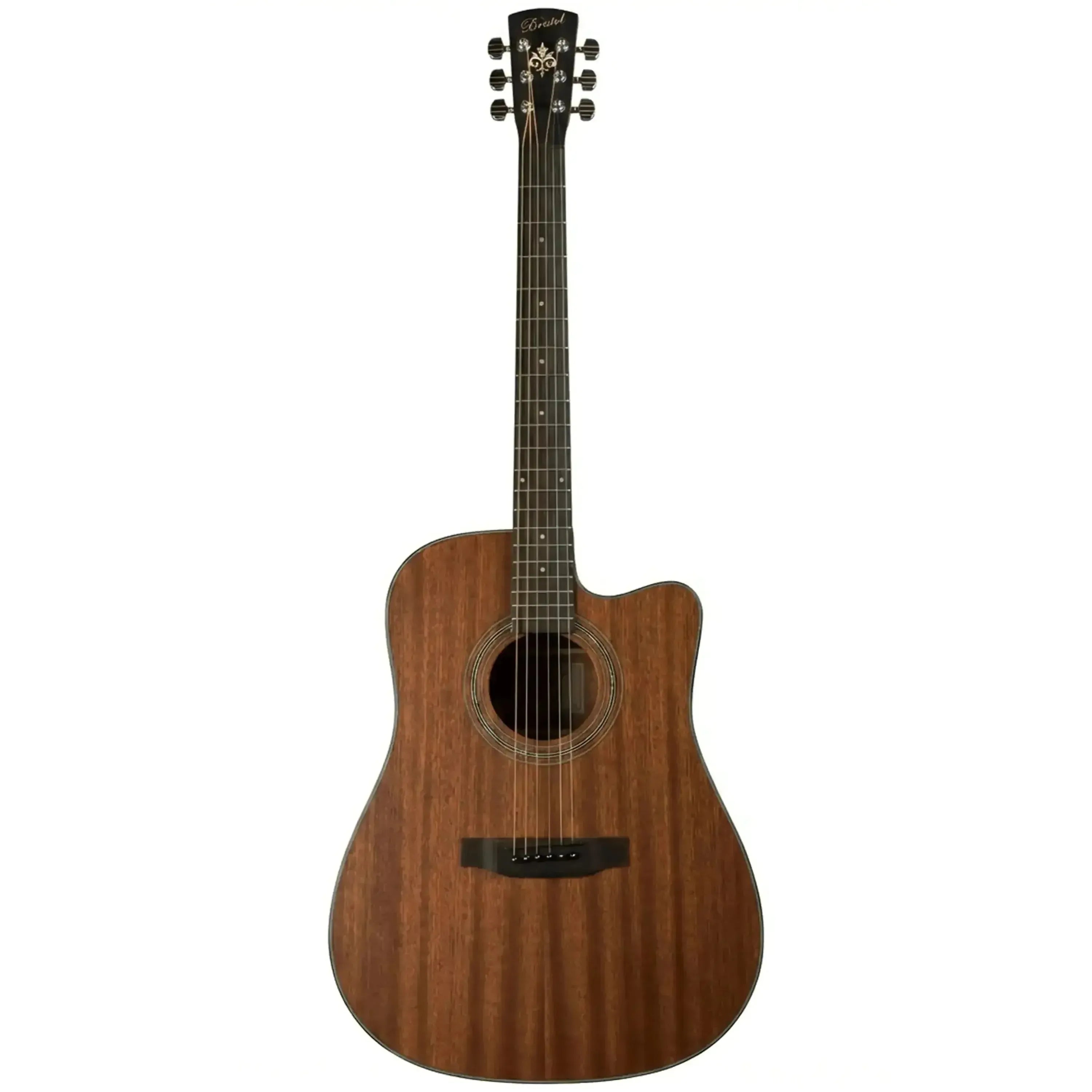 Bristol BD-15CE Dreadnought Acoustic-Electric Guitar with cutaway, mahogany finish, and chrome tuners.