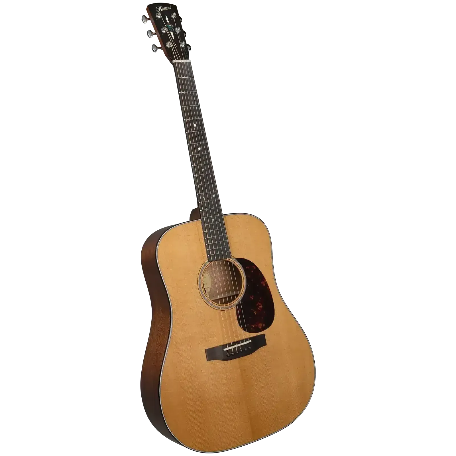 Bristol BL-140E dreadnought acoustic-electric guitar with solid spruce top and mahogany back.