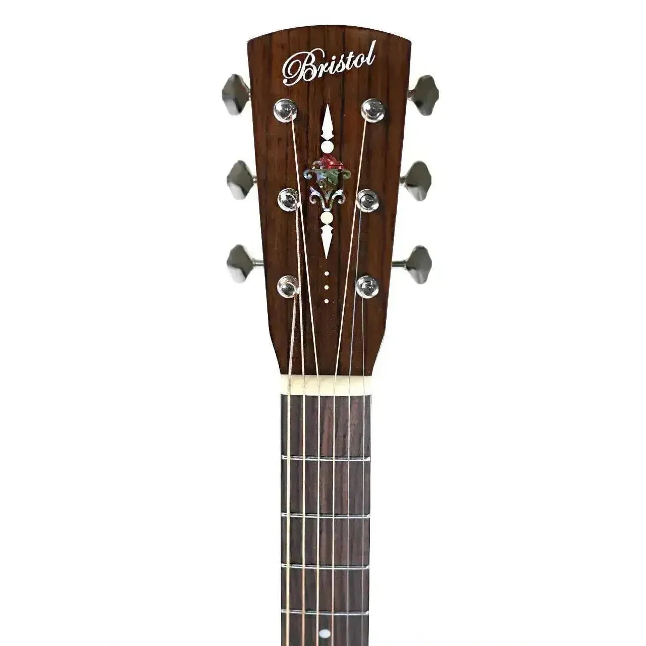 Bristol acoustic-electric guitar headstock with ornate floral inlay, chrome tuners, and white logo.