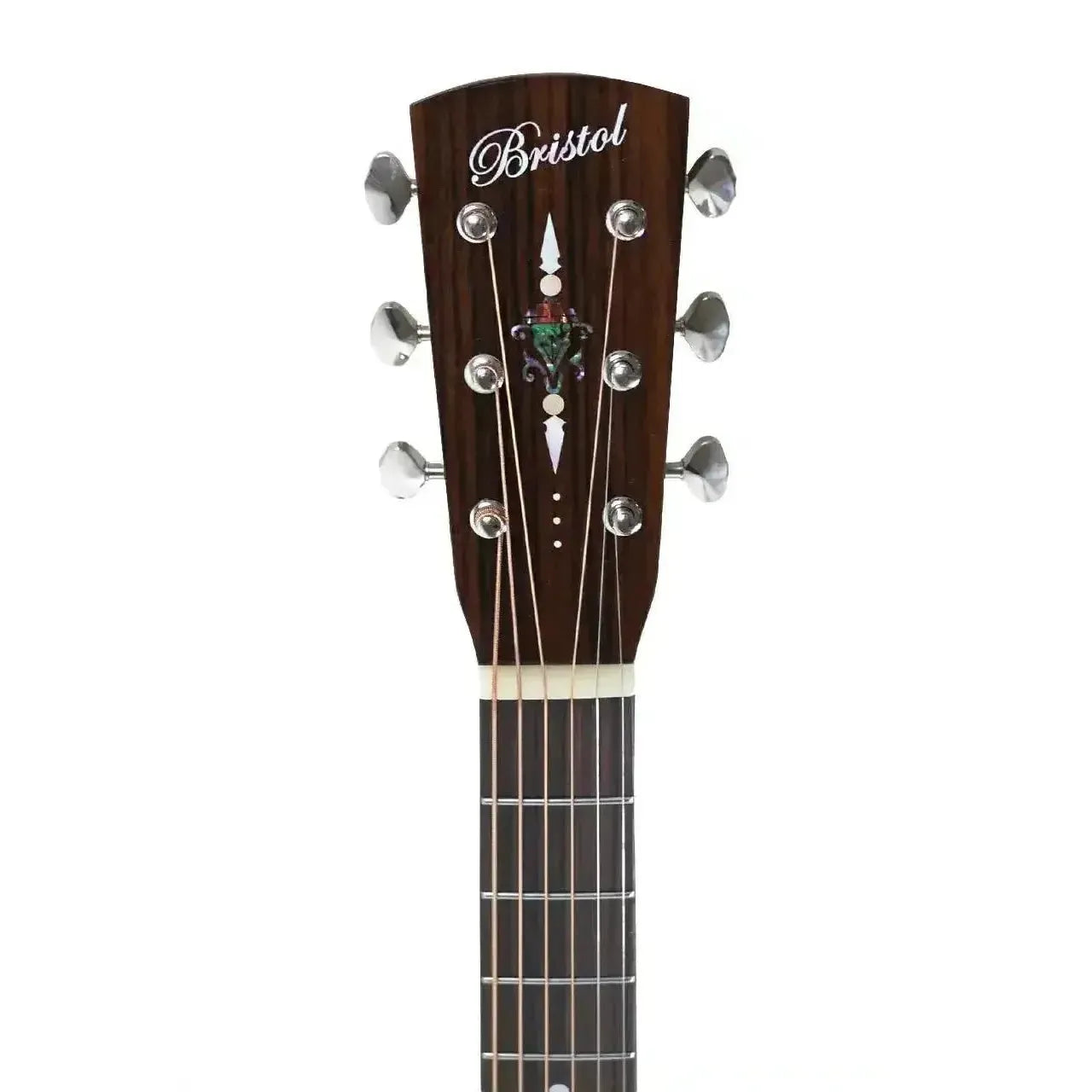 Bristol by Blueridge BL-143E acoustic-electric guitar headstock with "Torch" inlay and nickel tuners.