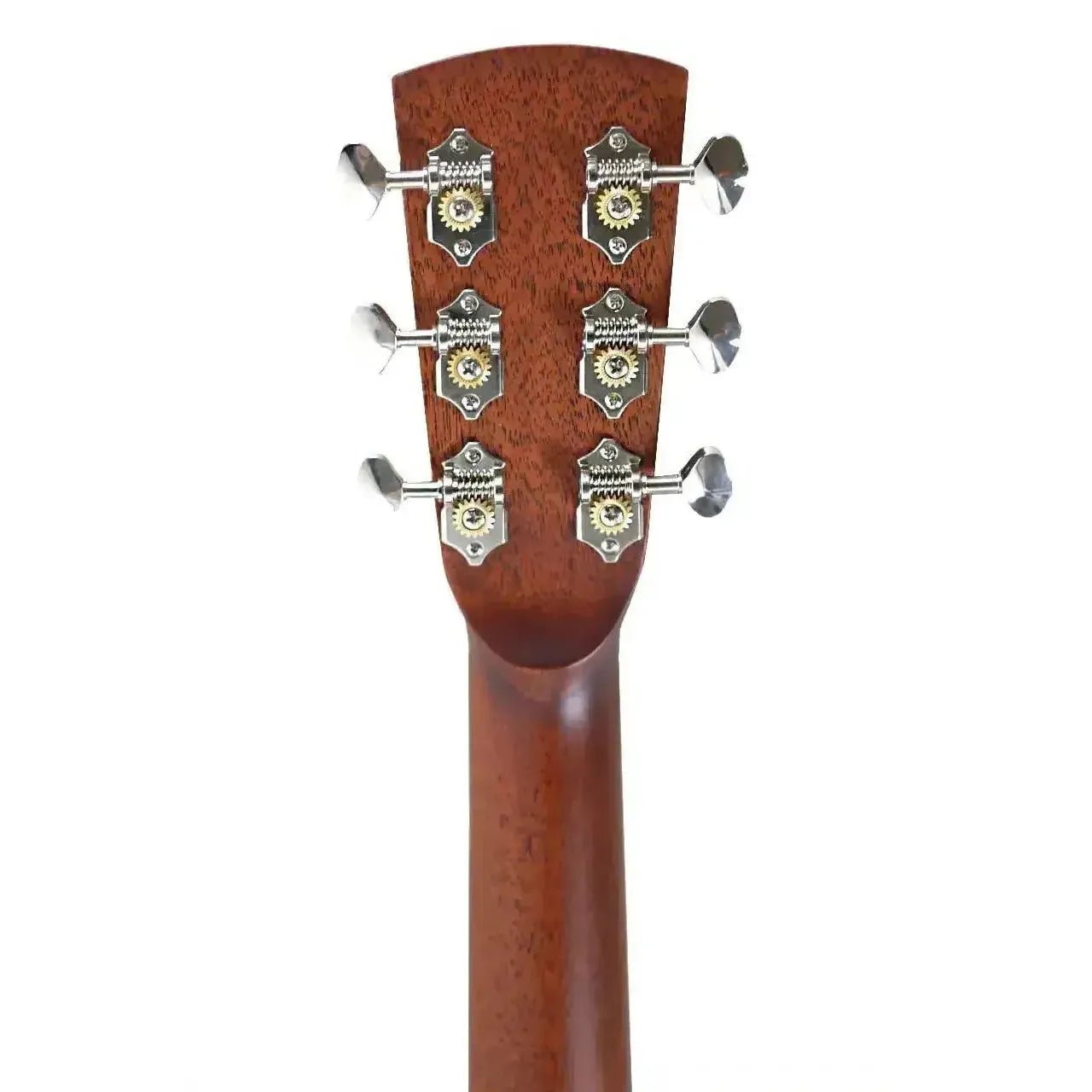 Back of Bristol by Blueridge BL-143E acoustic-electric guitar headstock and mahogany neck with vintage-style nickel tuners.