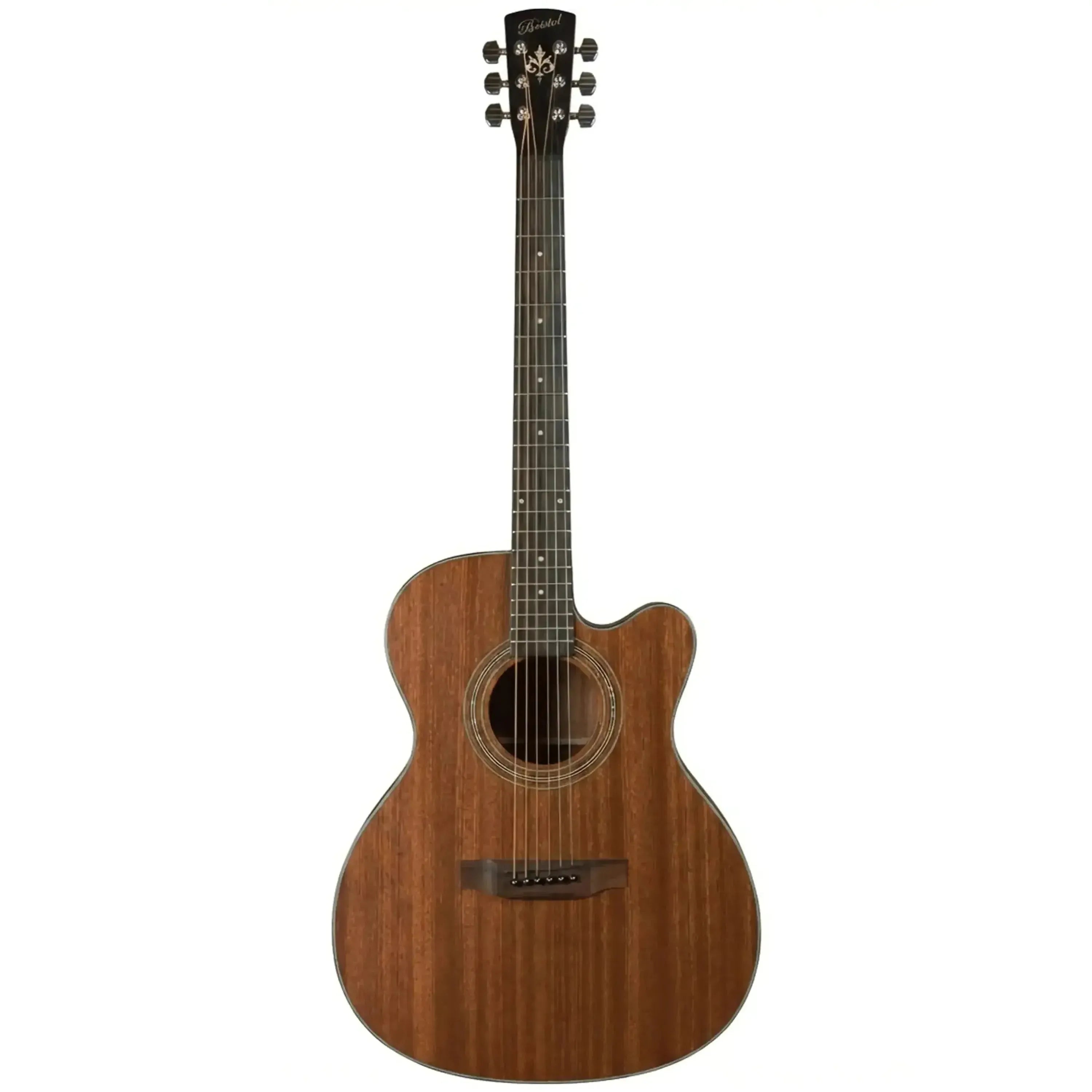Bristol BM-15CE 000 acoustic-electric guitar with cutaway, all-mahogany construction, and dark headstock.