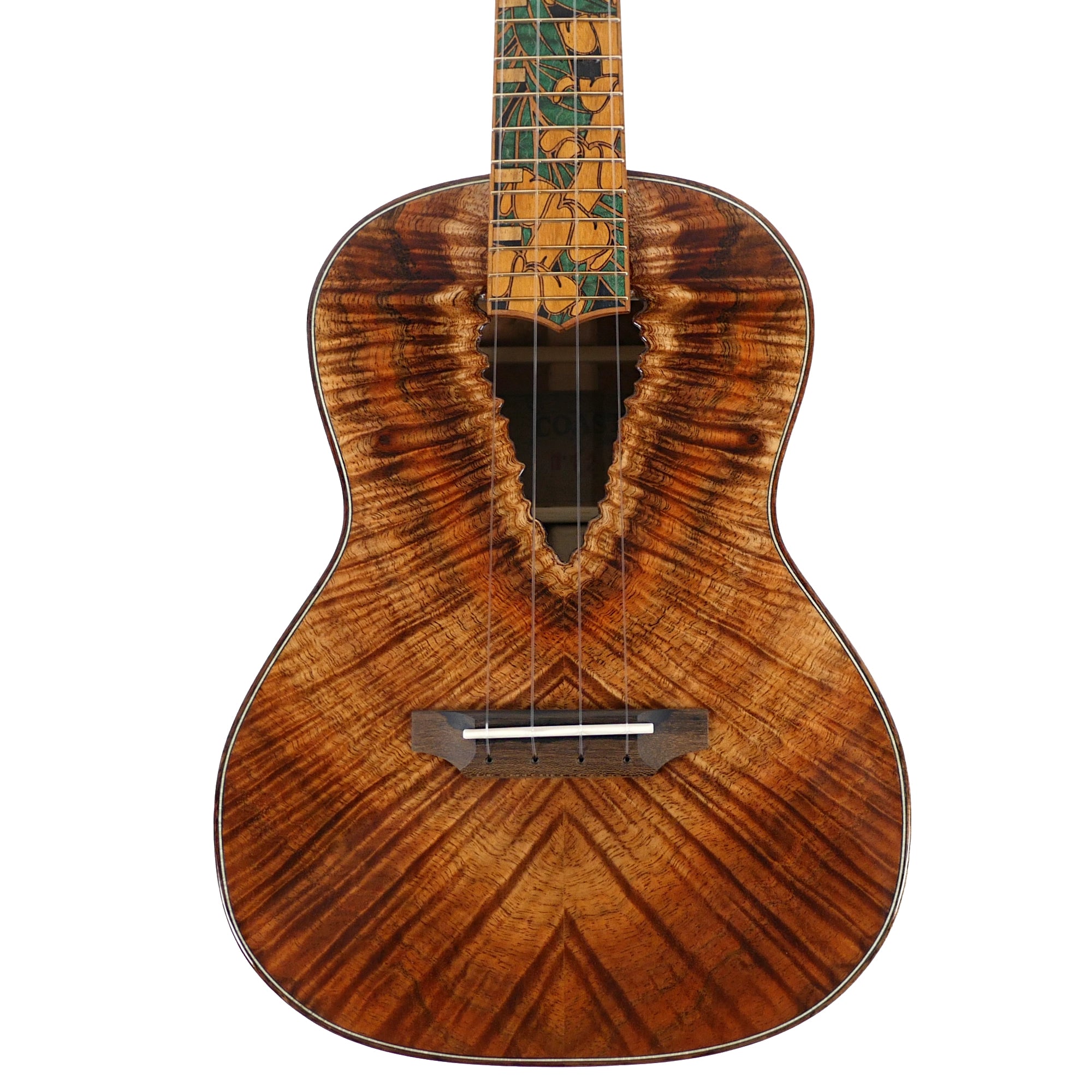 Coast #112 tenor ukulele with live edge curly Hawaiian koa top and floral inlay fretboard.