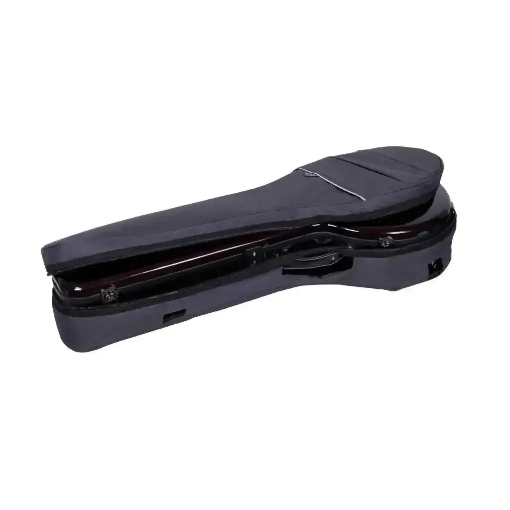 Crossrock banjo case cover in dark gray, partially unzipped, showing a glimpse of the hard case inside.
