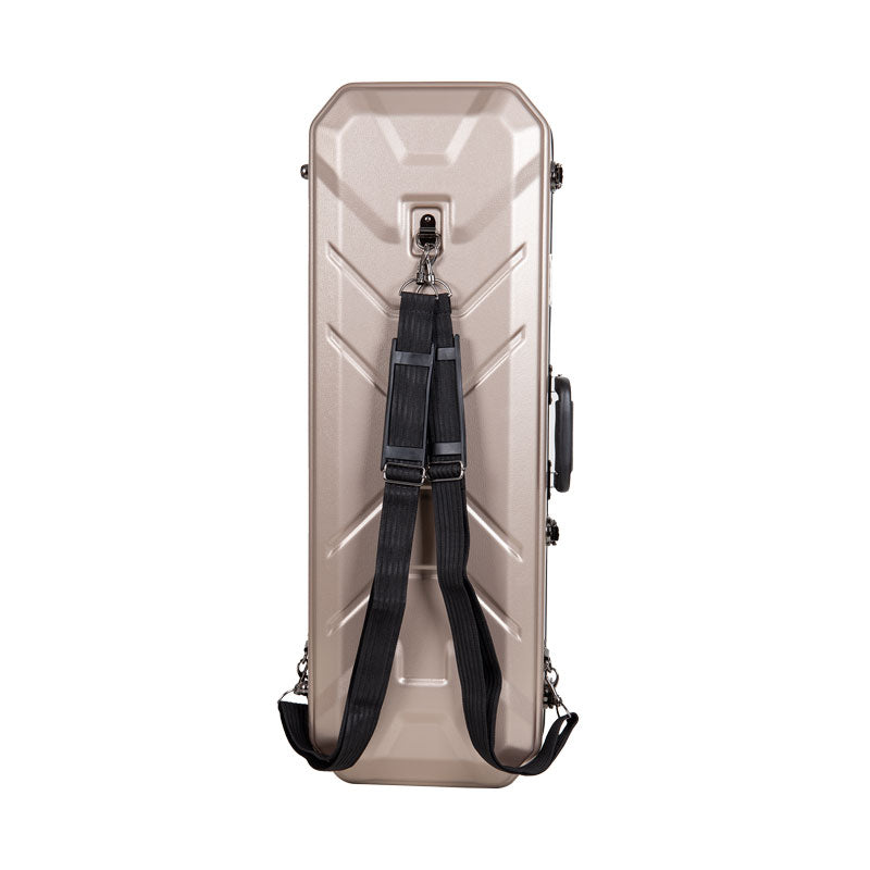 Back of the champagne Crossrock CRA860VFCH violin case with the black padded backpack straps attached.