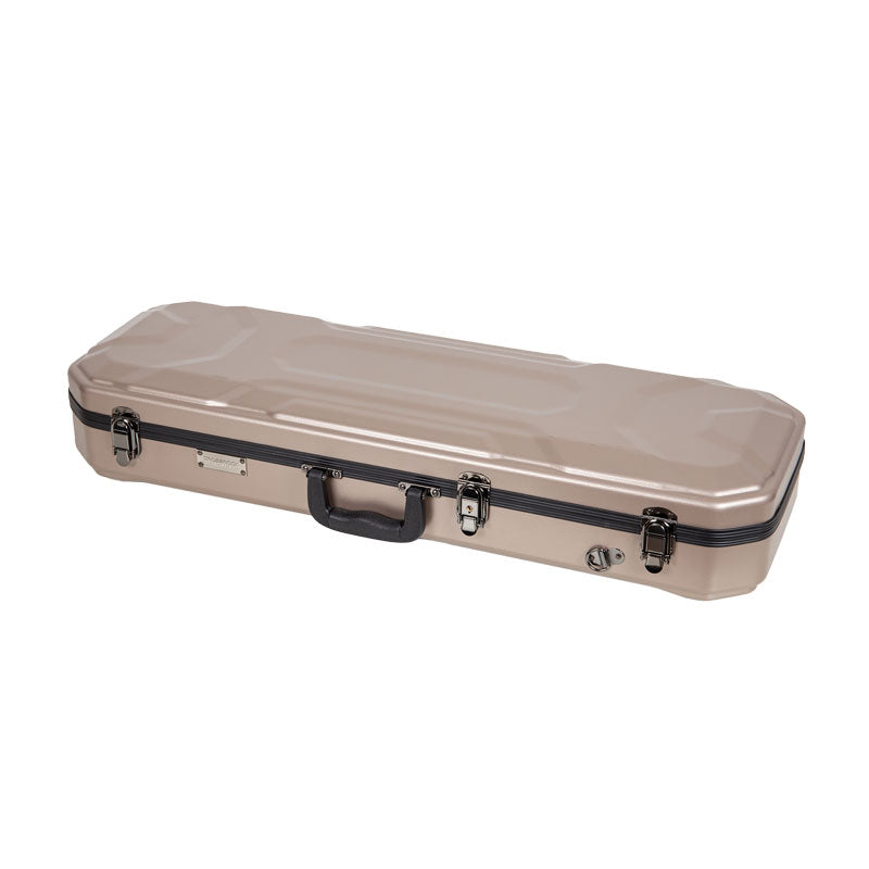 Champagne Crossrock CRA860VFCH rectangular violin case closed, seen from the front with latches, handle, and keyed lock.