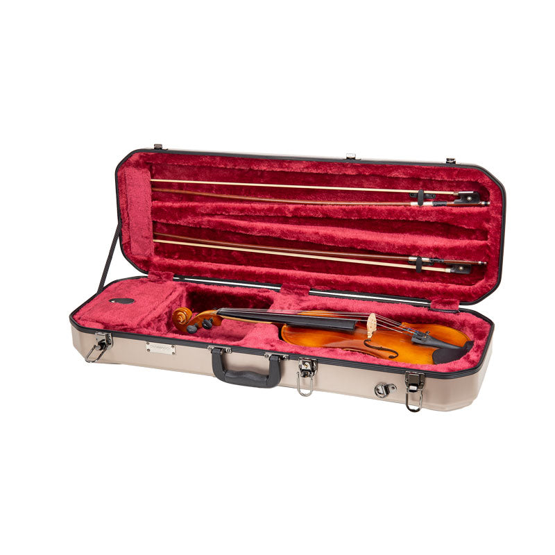 Crossrock CRA860VFCH champagne violin case open with a 4/4 violin and two bows in the red plush interior.