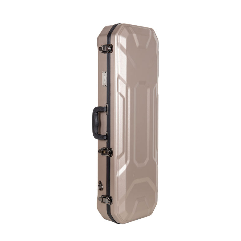 Crossrock CRA860VFCH champagne violin case standing upright on its end, showing the side handle and latches.