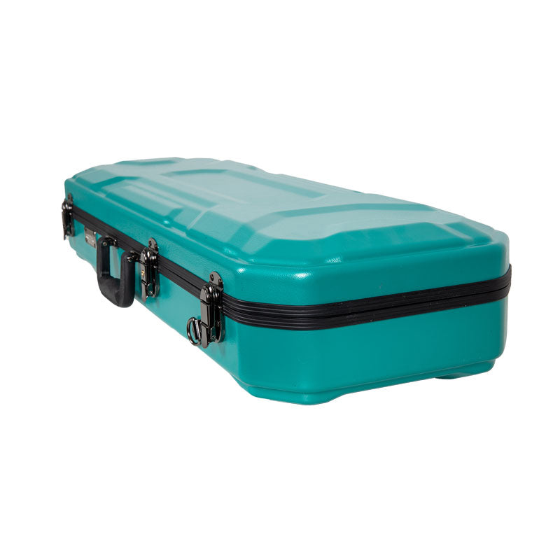 Mint blue Crossrock CRA860VFMB rectangular violin case closed, seen at an angle from the latch side.