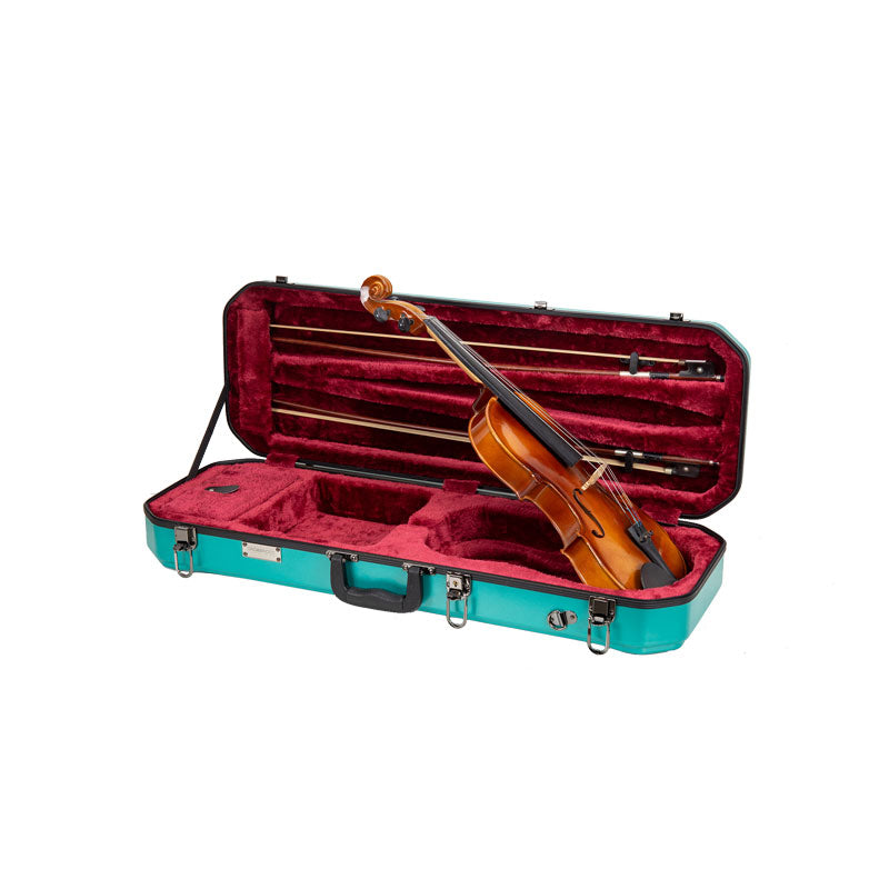 Crossrock CRA860VFMB mint blue violin case open with a 4/4 violin and two bows in the burgundy plush interior.