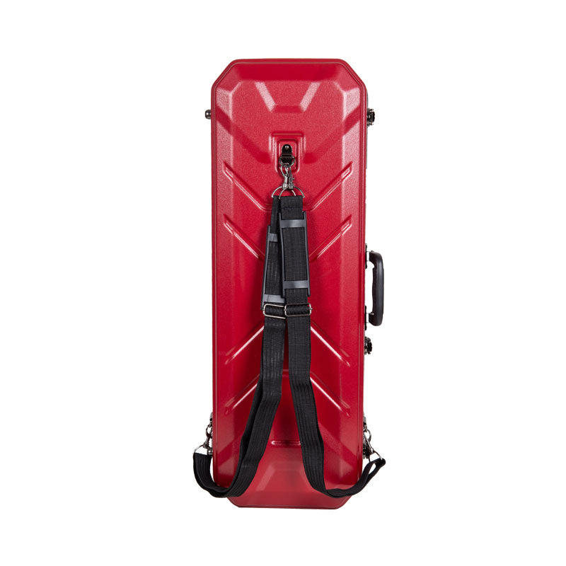 Back of the red Crossrock CRA860VFRD violin case with the black padded backpack straps attached.