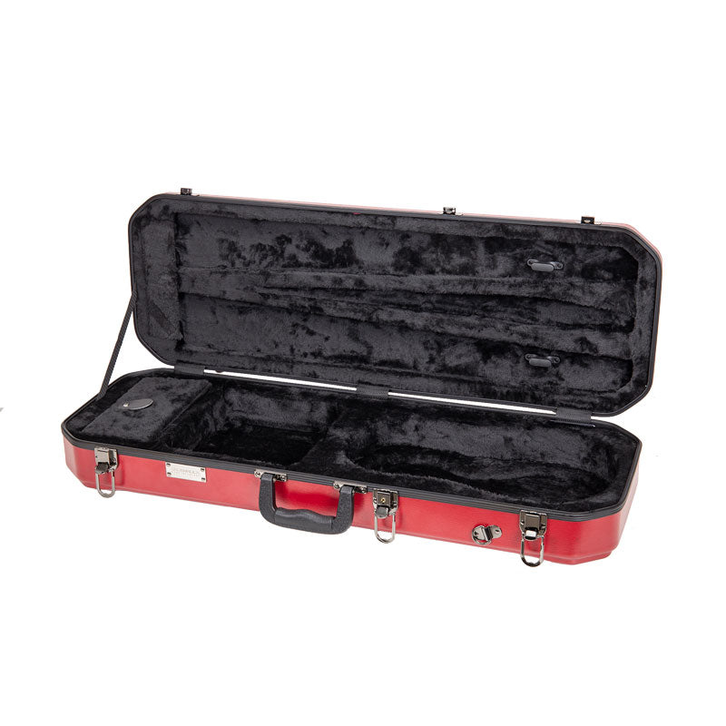 Empty Crossrock CRA860VFRD red violin case open, showing the black lining, bow holders, and accessory compartment.