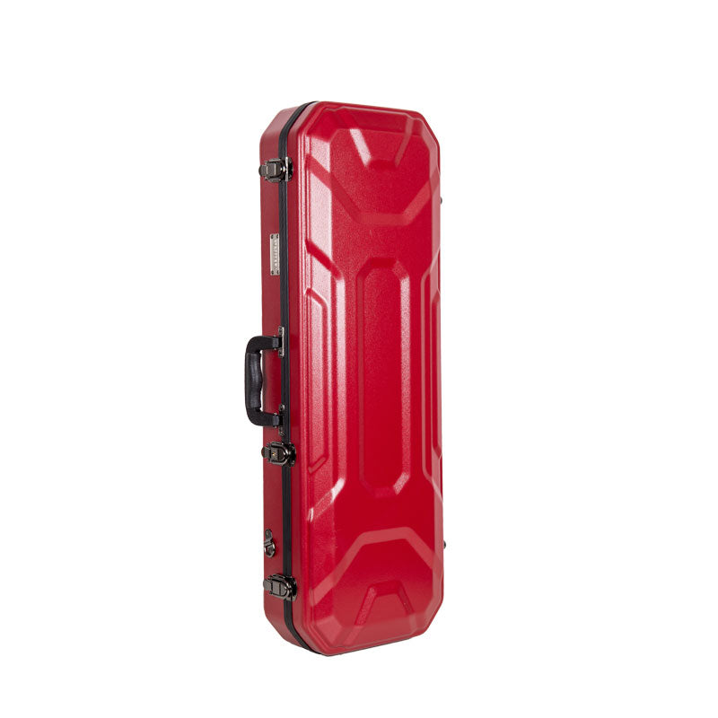 Crossrock CRA860VFRD red violin case standing upright on its end, showing the side handle and latches.