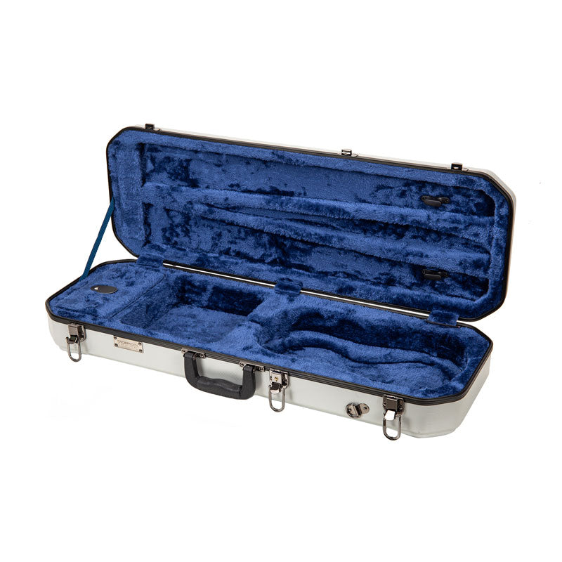 Empty Crossrock CRA860VFSL silver violin case open, showing the royal-blue lining, bow holders, and accessory compartment.