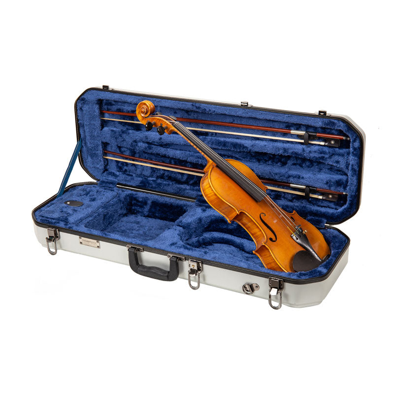 Crossrock CRA860VFSL silver violin case open with a 4/4 violin and two bows resting in the royal-blue plush interior.