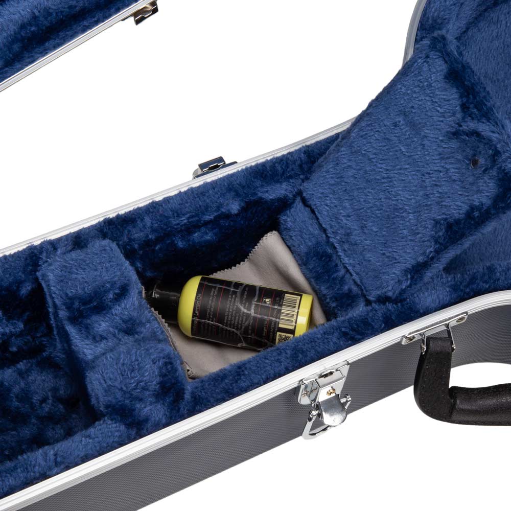 Inside the Crossrock CRA861BJBL banjo case, the accessory compartment open beside the royal-blue plush neck support.